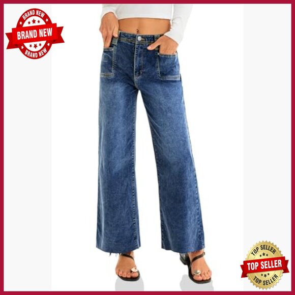 High Waisted Cropped Jeans Stretchy Baggy Straight Leg Raw Hem Denim Pants - Picture 4 of 7